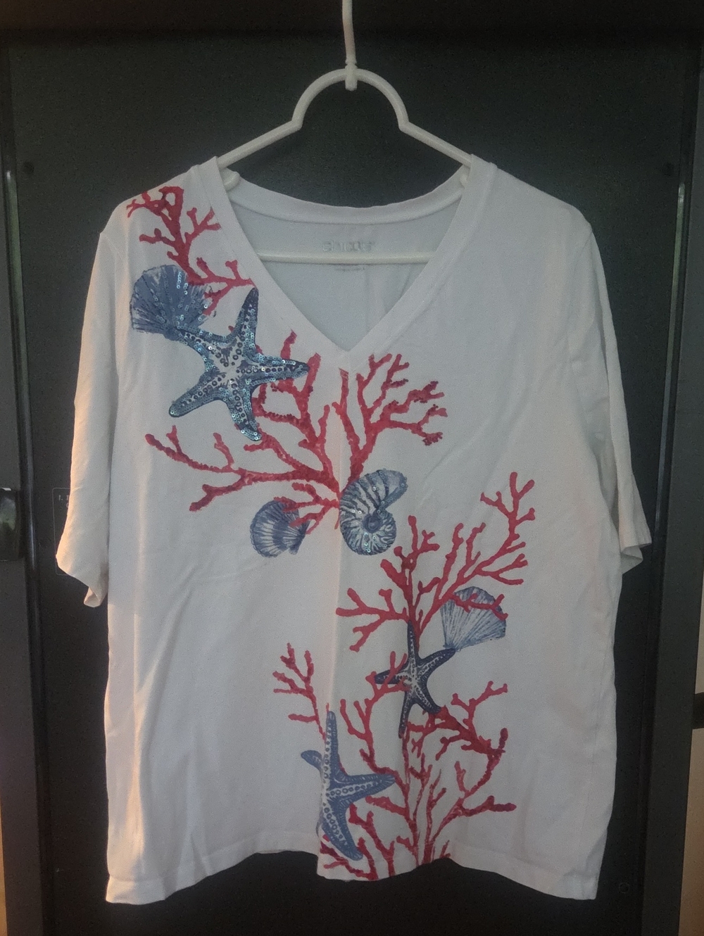 Chico's White V-Neck Tee with Red Coral and Blue Sea Life Embroidery